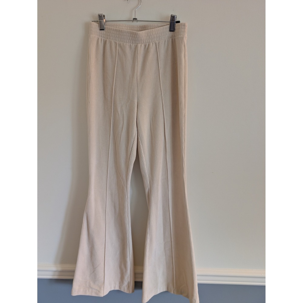 Aerie Cream Ribbed Corduroy Flare Pants High Waisted Small Long cozy lounge